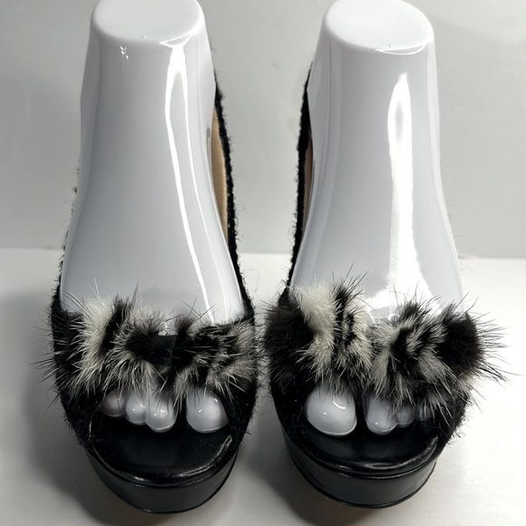 KATE SPADE Galore Black Boucle Tweed Mink Fur Bow Slingback Peep‎ Toe Heels Pump - Picture 4 of 17